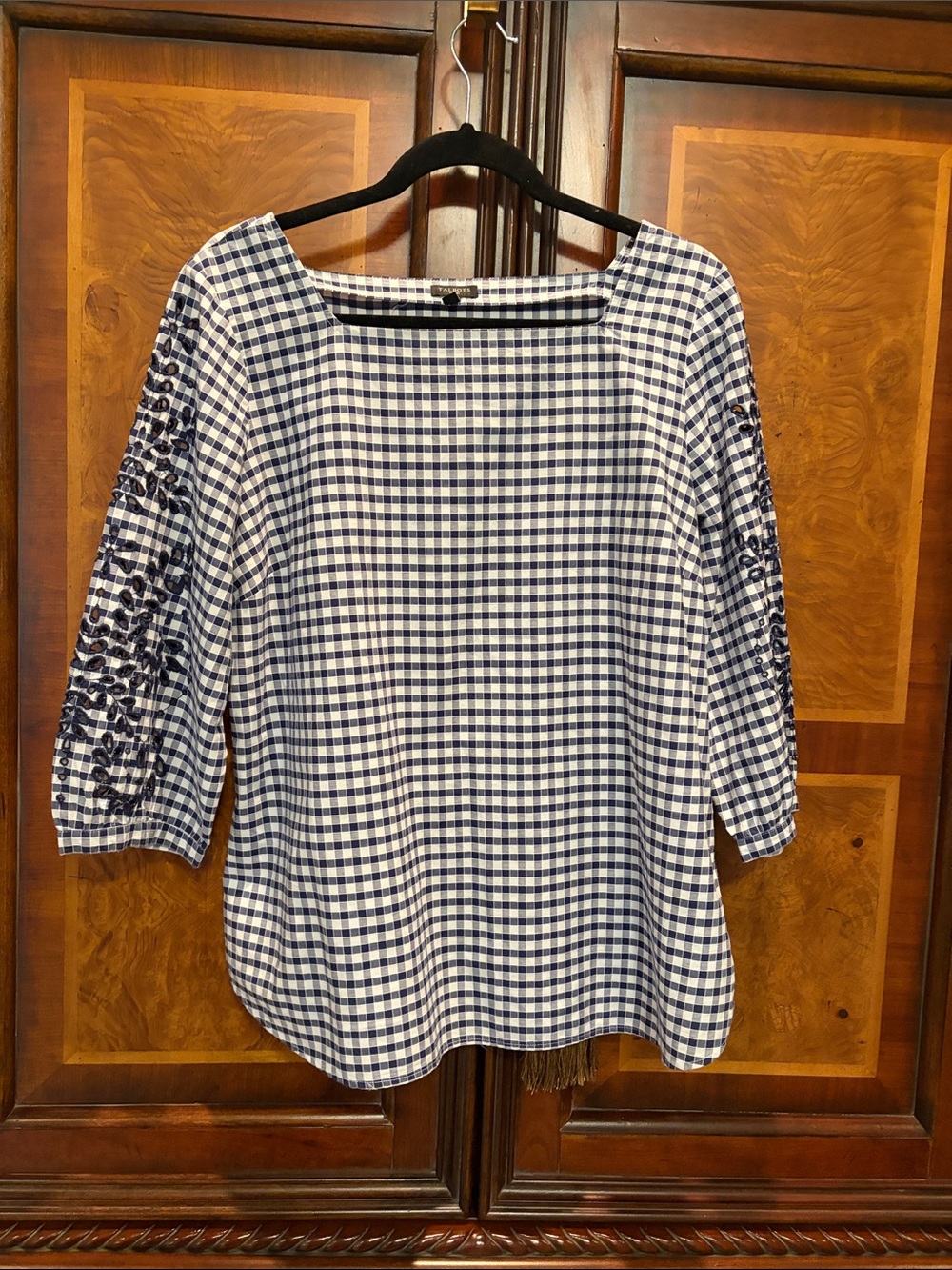 Talbots Navy and White Gingham Embroidered Sleeve Top